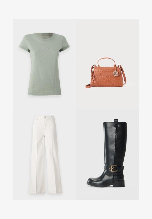 Lys grøn bomulds t-shirt med korte ærmer, rund halsudskæring og lille A|X-logo prydet med skinnende detaljer på brystet.; Hvide vidde bukser lavet af bomuld med en glat tekstur. Har en frontknap, lynlås, og fire-lomme design.; Sort knælange læderstøvler med lav blokhæl, dekorativ guldspænde rundt om anklen og en træksløjfe øverst.; Orange lædertaske med præget logo-design, toppen håndtag, justerbar skulderrem og en sølvhardware accent.