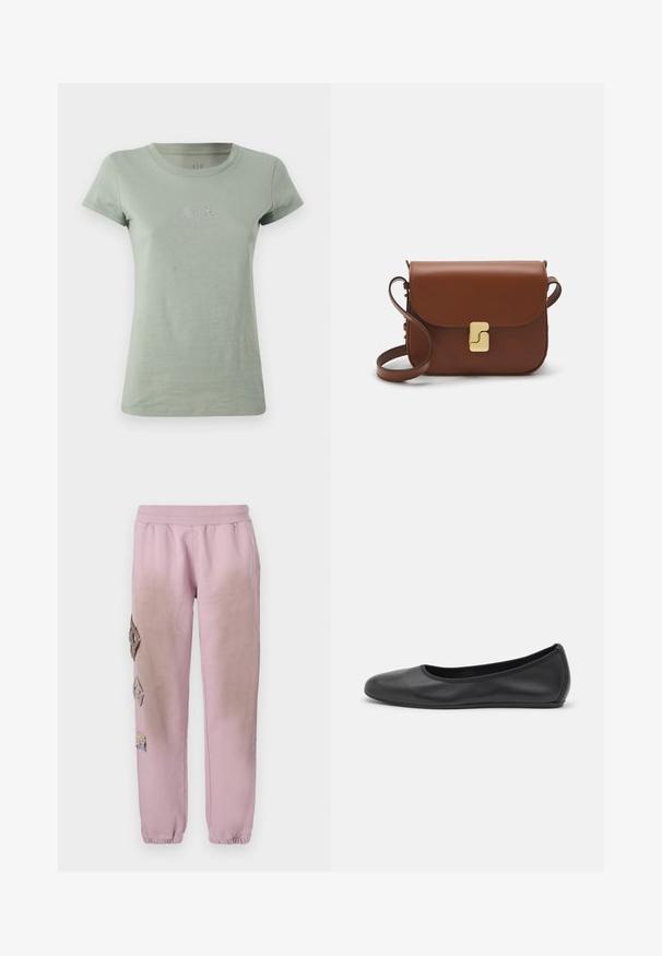 Šviesiai žalia medvilninė t-marškinė su trumpomis rankovėmis, apvaliu iškirpimu ir mažuoju A|X logotipu, puoštu blizgiais akcentais krūtinės srityje.; Rožinės sportinės kelnės su elastinga juosta, kairėje pusėje dekoruotos rombo formos aplikacijomis ir elastingais užkulniais.; Juodai odiniai baletai su apvaliu pirštu, lygi texture, minimalus siuvimo detales ir lanksčiu padų dizainu.; Ruda odinė rankinė su uždaromu dangteliu, aukso spalvos detalėmis, petneša ir lygiu paviršiumi. Kompaktiška stačiakampio formos.