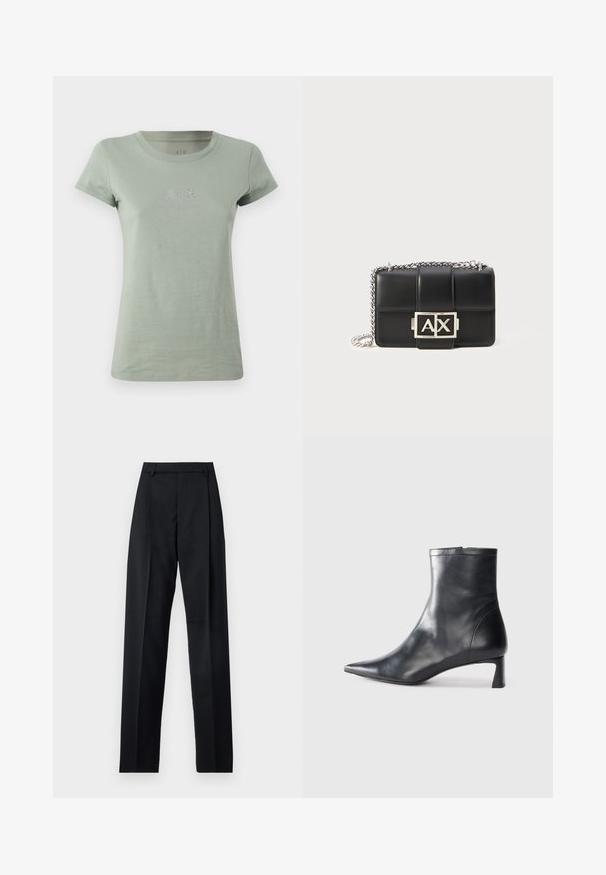 Kerge roheline puuvilla T-särk lühikeste varrukatega, ümmarguse dekoltee ja väikese A|X logoga, millel on säravad aksessuaarid rinnal.; Mustad püksid siledast kangast, millel on kõrge vöökoht, laiad jalad, esimesed kortsud ja klassikalised vööloopid. Küljepockets pole nähtavad.; Mustad mustall nahkasaabas terava nina ja stiilse disainiga. Omab madalat konts ja luku sulgemist taga. Sile tekstuur.; Must mustra rahakott, millel on tikandiga disain, hõbedane kett ja esipaneelil silmatorkav hõbedane "AX" logo. Kompaktne ristkülikukujuline vorm.