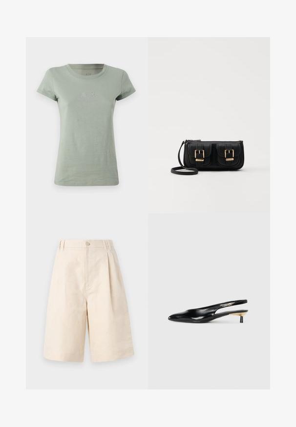 Světle zelené bavlněné tričko s krátkým rukávem, kulatým výstřihem a malým logem A|X zdobeným lesklými akcenty na hrudi.; Béžové lněné šortky s uvolněným střihem, opatřené zapínáním na knoflíky, plisovaným designem a délka ke kolenům. Hladká textura a jednoduchý styl.; Černé slingback lodičky s špičatou špičkou, lesklým koženým povrchem a malým podpatkem se zlatým akcentem. Elegantní design s otevřenou zadní částí.; Černá kožená crossbody taška se dvěma předními kapsami, zlatými přezkami, zipovým uzávěrem a štíhlým popruhem. Texturovaný povrch a kompaktní obdélníkový tvar.