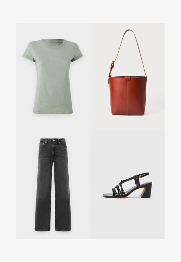 Gaiši zaļš kokvilnas T-krekls ar īsām piedurknēm, apaļu kakla piegriezumu un mazu A|X logotipu, ko rotā spīdīgi akcenti uz krūtīm.; Melnas augstā vidukļa taisnās kājas džinsu bikses ar priekšējo pogu un rāvējslēdzēju, divām priekšējām kabatām un divām aizmugurējām kabatām.; Paul Smith AMIRA - Klasiski papēži - black; Brūns ādas spainis ar regulējamu plecu siksnu un zelta toņa sprādzi, vienkārša vertikāla šuve priekšpusē.
