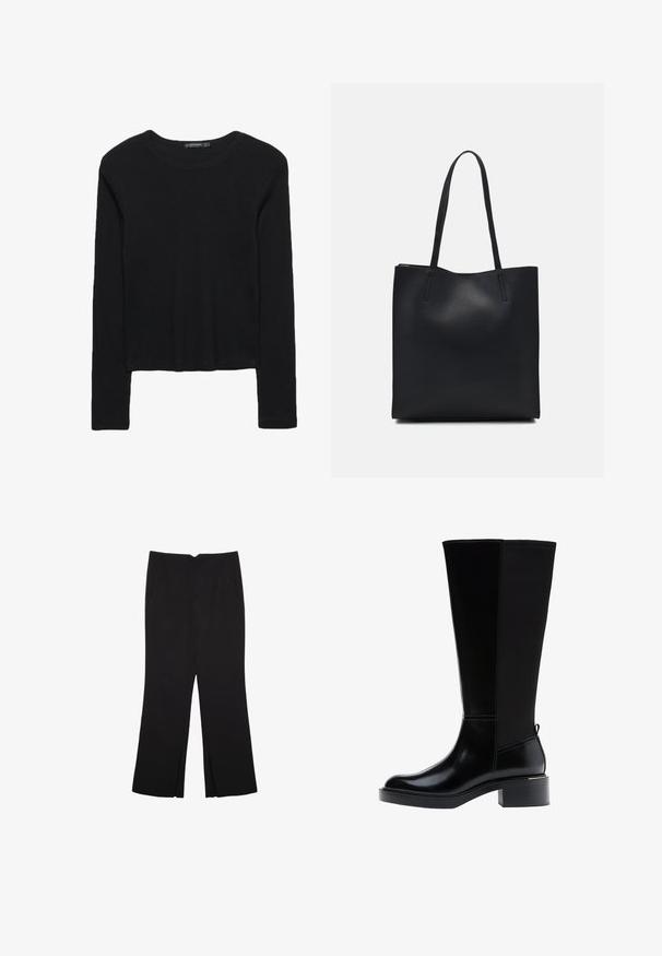 Musta pitkähihaisella puserolla, joka on valmistettu kuitupinnasta. Ominaisuuksiin kuuluu pyöreä kaula-aukko ja lyhennetty muotoilu, jossa on tiukat hihat. Ei näkyviä kuvioita.; Mustat housut suoralinjaisella leikkauksella, joissa on etutaskut ja sivurei'ät helman alla. Valmistettu pehmeästä ja sileästä kankaasta. Sopii eri tilaisuuksiin.; Musta polven korkeudelle ulottuva saapas, jossa on sileä nahkapinta, näkyvät saumat, mahtava korko ja teksturoitu takapaneeli lisäyksinä.; Mustapahkainen kangaskassi, jossa on sileä pinta, suorakaiteen muotoinen ja kaksi pitkää kahvaa. Ei näkyvää metalliosaa tai koristeita.