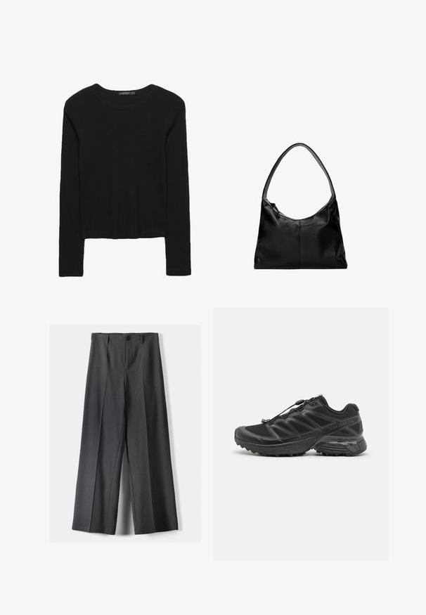Maglietta nera a maniche lunghe realizzata in tessuto testurizzato. Presenta un collo rotondo e un design cropped con maniche aderenti. Nessun motivo visibile.; Pantaloni a gamba larga in tessuto grigio scuro, dotati di chiusura con bottone, pieghe frontali e passanti per cintura. Texture liscia con un design su misura.; Scarpa da corsa nera con tomaia in mesh e sintetico, suola flessibile e lacci elastici. Presenta una soletta imbottita per il comfort.; Borsa a spalla in pelle nera con una texture liscia, una parte superiore curva e una sola tracolla. Presenta una chiusura con zip e un design minimalista.