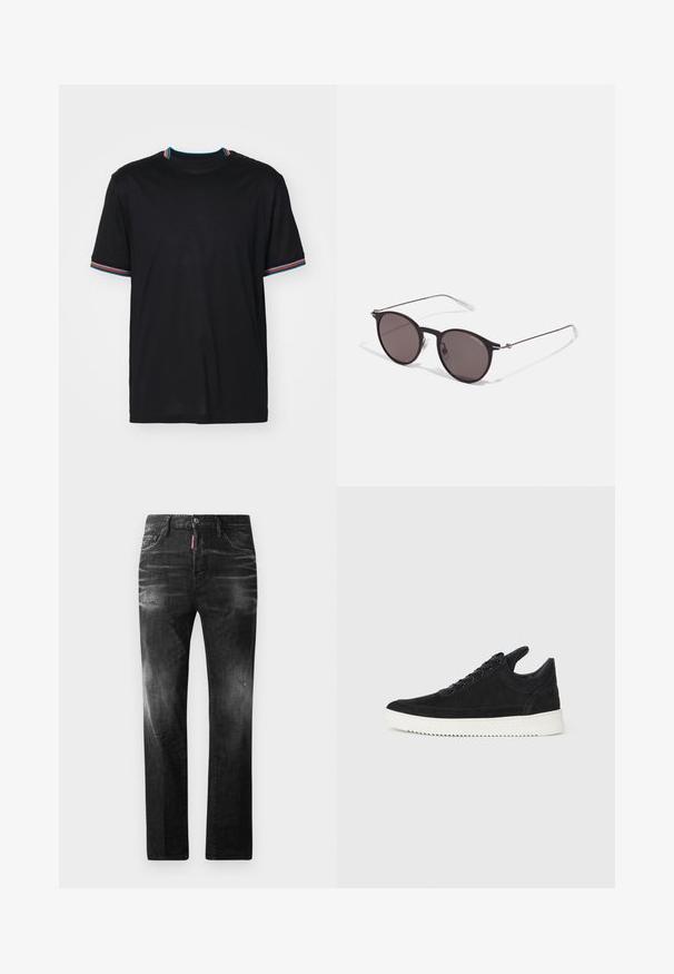 Črna kratka majica s kratkimi rokavi in okroglim izrezom, ki vključuje večbarvne črtaste detajle na ovratniku in rokavih. Mehka tekstura blaga.; Črne jeans hlače s ravnim krojem. Imajo zbledela mesta, manjše obrabe, klasičen petnajstni žepni dizajn in gumbasto zapiranje.; Črne semiš športne copate z belo gumijasto podplatom, ki imajo toneče šive in vezalni dizajn. Gladka tekstura z modernim, poenoteno oblikovano silhueto.; Črne okrogla sončna očala s temnimi lečami in tankimi kovinskimi ročaji. Vključujejo prosojne konec ročajev in srebrne poudarke na tečaju. Minimalističen dizajn.