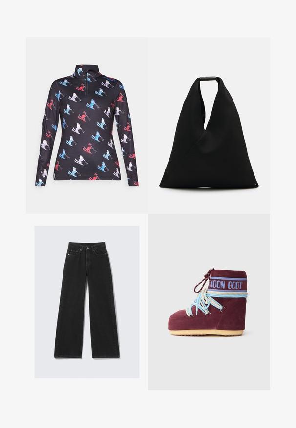 Spyder VIVID 1/2 ZIP - Pitkähihainen paita - black; Pohjola mustat farkut leveillä lahkeilla, joissa on kapea vyötärö, kestävä kangas, etutaskut ja kultasävytteiset yksityiskohdat.; Maroninahkainen Moon Boot vaaleansinisin ja vaaleanruskein nauhoin nilkassa, sininen logo-nauha ja vaaleanbeige pohja valkoista taustaa vasten.; Mustat kangasnaisikkat, joissa on ainutlaatuinen V-muotoinen muotoilu ja sileä pinta. Varustettu lyhyellä kahvalla, jossa on minimalistinen metallikoriste.