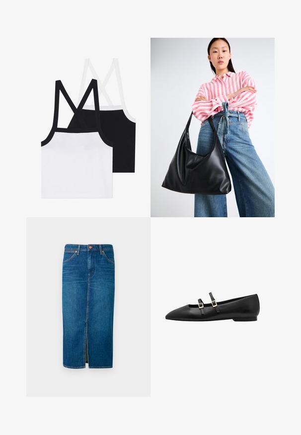 Kaks puuvillast ülemust, üks valge ja üks must, millel on risttagant kukkuvad rihmad ja ribakujuline tekstuur. Igal on kontrastne ääristus servadel.; Sügavsinine denimpikk seelik, millel on ette lõige, viie tasku disain, oranž õmblus ning kindel vöökoht koos kahe metallnupuga.; Must musta plaadiga king, millel on terav nina, kahe musta rihmaga ja kuldsete ruudukujuliste kinnitustega. Sile tekstuur ja madala profiiliga tala.; Must musta õlakott lahtise kuju ja õmbluse detailidega. Mudel kannab roosa ja valge triibulist särki koos laia jalgadega siniste teksadega.