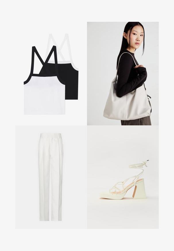 Divi kokvilnas topi, viens balts un otrs melns, ar krustu aizmugurē un riblētu tekstūru. Katram ir kontrastējošs apmale pa malu.; Baltas svītrainas bikses ar taisnu kāju dizainu, izgatavotas no viegla auduma. Priekšpusē ir bārkstis un tradicionālā josta.; Baltas augstpapēžu sandales ar masīvu papēdi, ar siksnu dizainu un potītes saistītiem elementiem. Gluda tekstūra ar platformu priekšpusē, lai nodrošinātu papildu augstumu.; Bežs rokassoma, izgatavota no mīksta materiāla, ar brīvu dizainu, izšūtu apdari un divām plecu siksnām. Piemērota ikdienas lietošanai.