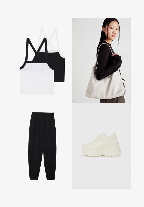 Dos tops de algodón, uno blanco y uno negro, cuentan con tirantes cruzados en la espalda y una textura acanalada. Cada uno tiene un ribete en contraste a lo largo de los bordes.; Pantalones negros, ligeros, con cintura elástica y tobillos fruncidos. La tela es suave y presenta un diseño relajado y ajustado.; Zapatillas de plataforma blancas con un upper suave similar al cuero, forma redondeada, cuello acolchado y suela de goma texturizada con surcos definidos.; Bolso de mano beige hecho de material suave, con un diseño holgado, detalles cosidos y dos asas. Adecuado para uso diario.
