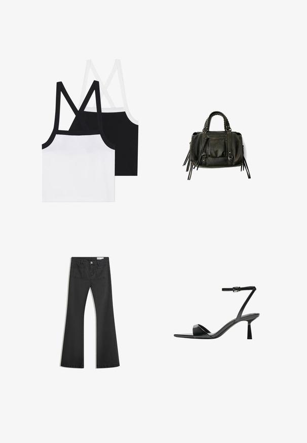 Kaksi puuvillasta valmistettua crop topia, yksi valkoinen ja yksi musta, joissa on ristikkäiset olkaimet ja ribbauspinta. Kummassakin on kontrastiväriä reunoilla.; Mustat leveälahkeiset farkut, jotka on valmistettu sileästä denimmateriaalista. Farkuissa on kaksi takataskua ja nappikiinnitys vyötäröllä.; Bershka Korolliset sandaalit - black; Musta nahkainen käsilaukku letitetuilla kahvoilla, vetoketjullinen tasku ja roikkuvat tupsut. Muotoiltu pinta metallisten niittien ja varusteiden korostuksilla.