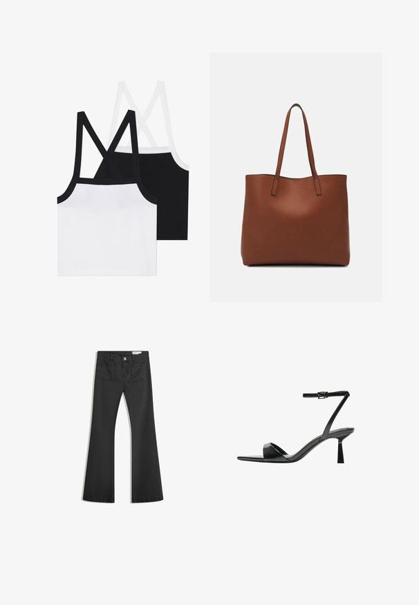Two cotton crop tops, one white and one black, feature cross-back straps and a ribbed texture. Each has contrasting trim along edges.; Black flared jeans made of denim with a smooth texture, featuring two back pockets and a button closure at the waist.; Bershka High heeled sandals - black; Brown leather tote bag with a smooth texture, open top design, and two shoulder straps. Features minimal stitching and no visible hardware.