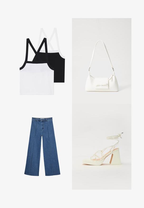Dva bombažne crop topa, eden bel in eden črn, imata križaste naramnice ter rebrasto teksturo. Vsak ima kontrastne obrobe ob robovih.; Jeans širokih nogavic v srednji modri barvi, z visokim pasom, gumbom in kontrastnimi navpičnimi šivi spredaj.; Bela sandala na visokih petah s debelim petam, ki ima obliko trakcev in vezanje okoli gležnja. Gladka tekstura z platformo spredaj za dodatno višino.; Bela sintetična torbica v obliki trikotnika, z ravnim sprednjim poklopcem in detajlom mašne, nastavljivim trakom, gladko teksturo in minimalističnim dizajnom.