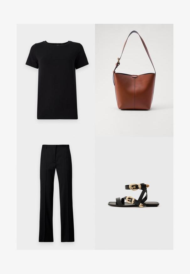T-shirt noir en coton doux, avec un col rond et des manches courtes, présentant un design simple et sans coutures. Sans motifs ni accents.; Pantalons noirs à jambe droite en tissu lisse, avec un devant plat, des passants de ceinture et sans poches visibles ni embellissements.; Sandales en cuir noir avec des accents de boucles dorées, présentant plusieurs brides et un design de semelle plate pour un port ouvert.; Sac à épaule en cuir marron avec une forme courbée, texture lisse et une seule sangle fine. Présente une couture subtile et un petit logo.