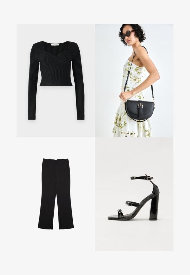 Black cropped top with long sleeves, featuring ribbed texture and a cross-over design at the front. Smooth fabric, minimalistic style.; Black trousers with a straight fit, featuring front pockets and side slits at the hem. Made of soft, smooth fabric. Suitable for various occasions.; Black patent heeled sandals with a square toe, ankle straps, and silver buckles. Features a chunky block heel for stability.; Black leather handbag with a curved shape, detachable strap, and gold hardware. The bag features a flap with a buckle detail.