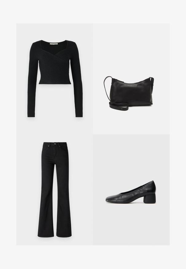 Fekete, rövid fazonú, hosszú ujjú felső, bordás textúrával és a homlokzaton keresztbe futó kialakítással. Simább anyag, minimalista stílus.; Fekete, magas derekú, denimből készült, bő szárú farmernadrág, öt zsebbel, elülső gombbal és cipzárral, sima textúrával.; Fekete bőr magassarkú cipő, lekerekített orral és közepes blokk sarkú. Simább textúrájú, minimális díszítéssel, finom elasztikus nyílással.; Fekete bőr válltáska sima felülettel, ívelt formával, állítható pánttal és cipzáras záródással. Minimalista dizájn díszítmények nélkül.
