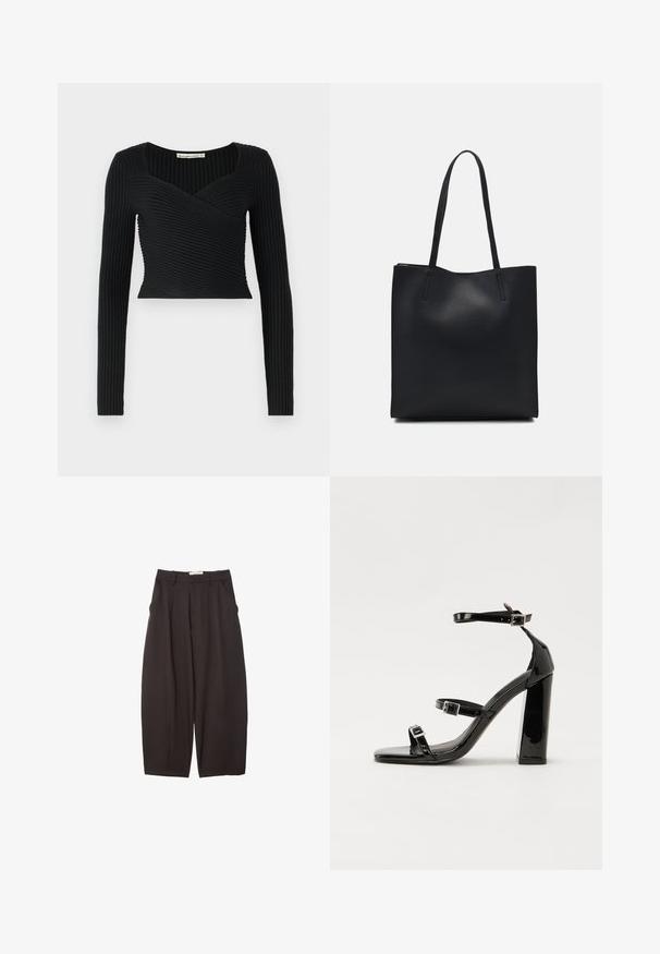 Svart croppad topp med långa ärmar, med ribbad textur och en crossover-design framtill. Slät tyg, minimalistisch stil.; Svarta vida byxor i ett mjukt tyg, med hög midja, framfickor och sidofickor. Enkel design utan utsmyckningar.; Svarta lackerade klacksandaler med fyrkantig tå, ankelremmar och silverfärgade spännen. Har en kraftig blockklack för stabilitet.; Svart lädertoffelväska med slät textur, rektangulär form och två långa handtag. Ingen synlig hårdvara eller dekorationer.