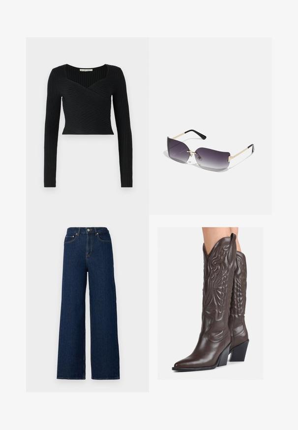 Black cropped top with long sleeves, featuring ribbed texture and a cross-over design at the front. Smooth fabric, minimalistic style.; Wide-leg jeans made of dark denim, featuring a high waist, classic five-pocket design, and contrasting stitching along the seams.; Brown leather cowboy boots with pointed toe and block heel, featuring detailed stitching and raised accents on the shaft.; Sunglasses with a gray gradient lens, gold metal frame, and black plastic accents. Unique butterfly-shaped lenses with thin arms.; Silver hoop earrings with a minimalist design. Circular shape, smooth texture, and thin profile. Lightweight with a polished finish.