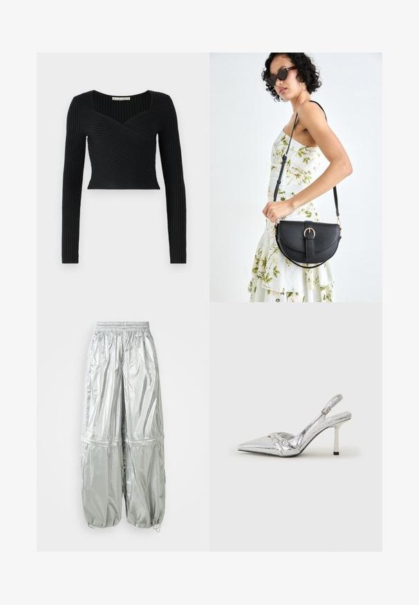 Svart cropped topp med lange ermer, med ribbestruktur og kryssdesign foran. Glatt stoff, minimalistisk stil.; Sølv lette cargo-bukser med en skinnende tekstur, elastisk talje, rynkede manchetter og to store frontlommer.; Sølv slingback høyhelte sko med spiss tå, metallisk finish, to dekorative stropper, og en slank hæl med svart tupp.; Svart lærveske med en buet form, avtagbar stropp og gullbeslag. Vesken har et klaff med spenne-detall.