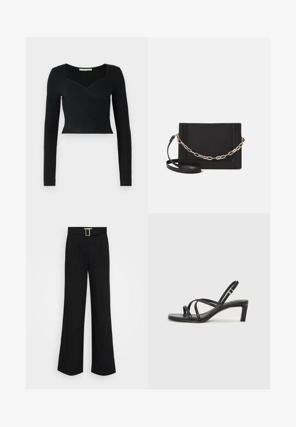 Black cropped top with long sleeves, featuring ribbed texture and a cross-over design at the front. Smooth fabric, minimalistic style.; Black wide-leg trousers made of lightweight fabric, featuring a smooth texture, front pleats, and a belt with a square metal buckle.; Black strappy sandal with a square toe and a low block heel. Features multiple thin straps and an adjustable ankle strap. Made of smooth leather.; Black leather crossbody bag featuring a smooth texture, rectangular shape, and a metallic chain detail on the front. Adjustable strap included.