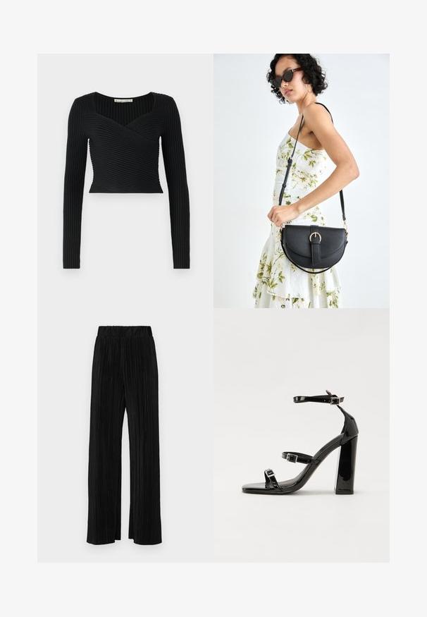 Top corto nero con maniche lunghe, caratterizzato da una texture a coste e un design incrociato sul davanti. Tessuto liscio, stile minimalista.; Pantaloni neri a plissé con vita elasticizzata. Presentano gamba ampia e un tessuto liscio e texture con strisce verticali.; Sandali con tacco alto in vernice nera con due cinturini con fibbia, punta quadrata e tacco spesso a blocco, caratterizzati da una texture liscia e lucida.; Borsa a tracolla nera in pelle con una forma curva, manico rimovibile e accessori dorati. La borsa presenta una patta con un dettaglio a fibbia.