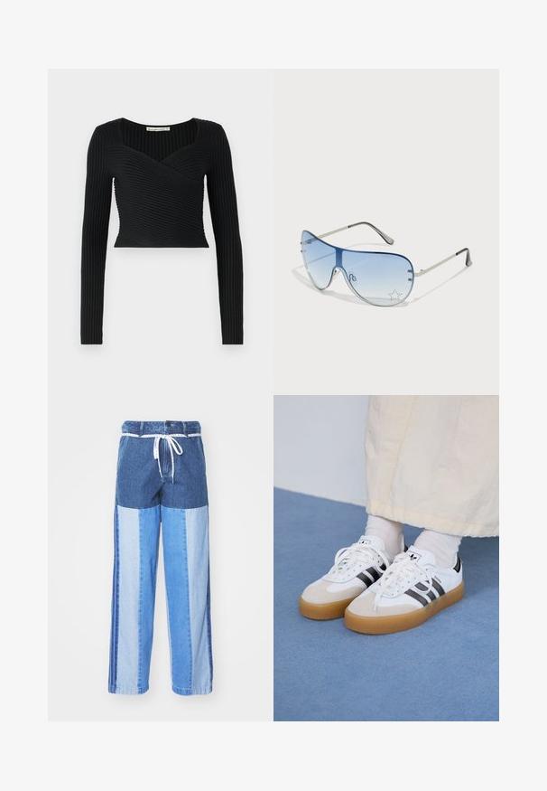 Schwarzes Cropped Top mit langen Ärmeln, ausgestattet mit gerippter Textur und einem überkreuzten Design an der Vorderseite. Glatte Stoffqualität, minimalistischer Stil.; Blaue Denim-Hosen mit einem Patchwork-Design in verschiedenen Blautönen, einem Kordelzugbund und lockeren, gerade geschnittenen Beinen.; Weiße Sneaker mit schwarzen Streifen und beigen Wildlederakzenten. Besitzen eine strukturierte Gummisohle und flache weiße Schnürsenkel, getragen mit hellen Socken.; Flugzeugbrille mit einem verlaufenden blauen Glase, silbernem Metallrahmen und dekorativen Sternelementen auf dem Glas. Glattes und elegantes Design.
