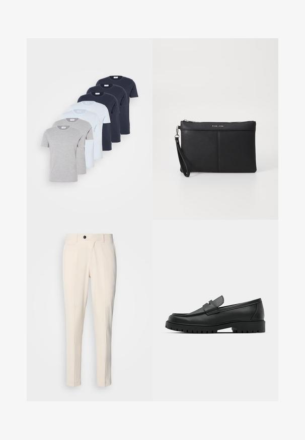 Šest triček s krátkým rukávem v šedé, světle modré a námořnické barvě, vyrobených z bavlny. Každé má kulatý výstřih a standardní střih.; Béžové kalhoty na míru s plochým předním dílem, jedním knoflíkovým zapínáním a dvěma šikmými bočními kapsami. Hladká látka, úzký střih a zúžené nohy.; Černé kožené mokasíny s kulatou špičkou, zdobené prošitím, s nízkou platformou a texturovanou gumovou podrážkou s drážkováním.; Černá syntetická kabelka s uzávěrem na zip, rukávovou šňůrkou a hladkým povrchem. Obsahuje jemné prošívání a logo vyražené na přední straně.