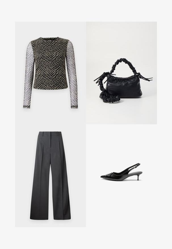 Garais piedurkņu tops ar melnbaltu zebru rakstu uz ķermeņa, ar puscaurredzamu acu piedurknēm un apaļu dekoltē.; Platās kājas bikses tumši pelēkā audumā, ar augstu jostasvietu, ar vienu uzpūstu vīli un gludu tekstūru ar tīru apdari ap malām.; Melni ādas sandales ar norādītu pirkstu, mazu kaķa papēdi un dekoratīvu mezglu detaļu priekšā. Gluda tekstūra visā virsmā.; Melnā mākslīgās ādas rokassoma ar krokodila rakstu, savilkta augšdaļa un saburzīta siksna. Izskatās mīksta un kompakta pēc dizaina.