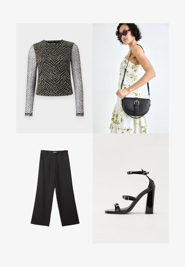 Pitkähihaisen paidan vartalossa on musta ja béž zebra-kuvio, puoliksi läpinäkyvät verkkohihat ja pyöreä kaula-auko.; Mustat leveälahkeiset housut, jotka on valmistettu sileästä kankaasta. Niissä on edessä vetoketju ja kaksi sivutaskua, ja niiden muotoilu on räätälöity ja minimalistinen.; Musta kiiltävä korkokenkä sandaalit neliönmuotoisella varpaalla, nilkkaremmillä ja hopeisilla soljilla. Varustettu tukevalla lohkokorkealla vakauden takaamiseksi.; Musta nahkainen käsilaukku, joka on kaareva muotoilultaan, irrotettavalla hihnalla ja kultaisilla yksityiskohdilla. Laukussa on läppä, jossa on solk yksityiskohta.