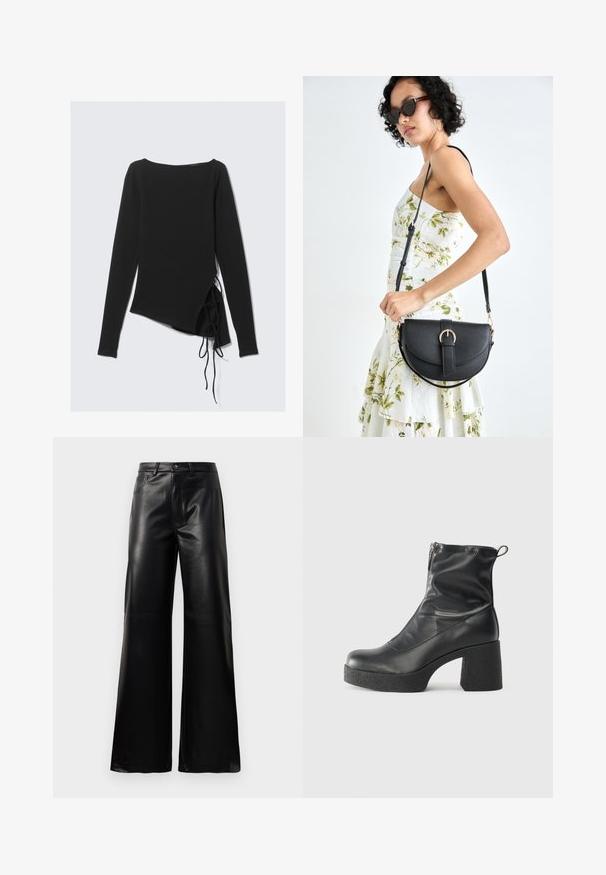 Juodas ilgomis rankovėmis viršus su laivynu iškirpte, asimetrišku dizainu ir šoninėmis rišimais, leidžiančiais reguliuoti pritaikymą. Minkšta, tampra medžiaga su glotnia tekstūra.; Juodos aukšto juosmens plačios kojų dirbtinės odos kelnės su priekiniais mygtukais, užtrauktuku, diržo kilpomis ir šoninėmis kišenėmis ant balto fono.; Juodos kulkšninių botai, pagaminti iš lygaus odos, su šoniniu užtrauktuku, masyviu tekstūruotu kulnu ir apvaliu pirštu.; Juodas odinis krepšys su išlenkta forma, nuimamu dirželiu ir auksiniais detalėmis. Krepšys turi kilpą su sagtimi.