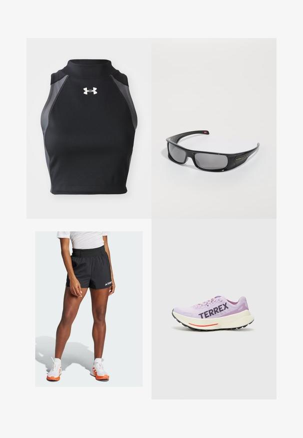Svart crop top med høy krage, rillet tekstur og grå detaljer på sidene. Har en liten hvit logo på forsiden.; Sorte idrettsshorts med bred midjebånd, med teksten "TERREX" og et Adidas-logo. Kombinert med hvite sko med oransje detaljer.; Lilla løpesko med pustende mesh-overdel, fremtredende "TERREX"-logo, hvit mellomsåle og svart gummisåle med røde detaljer.; Svart Oakley-wraparound solbriller med mørke rektangulære linser og buede armer på en hvit bakgrunn.