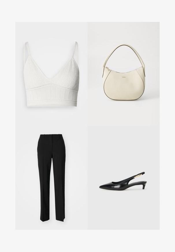 Bralette bianco in pizzo a forma triangolare, con tessuto superiore testurizzato e fascia elastica a coste, spalline regolabili e finitura liscia.; Pantaloni neri su misura con un design a gamba dritta, caratterizzati da una texture liscia e pieghe ben definite sul davanti. Senza hardware visibile.; Tacchi slingback in pelle nera con punta affusolata, caratterizzati da un tacco alto e un accento dorato sulla cinghia regolabile. Texture liscia.; Borsa color crema con una finitura testurizzata, forma curva, manico corto e dettaglio del logo in tonalità oro. Chiusura con zip nella parte superiore.