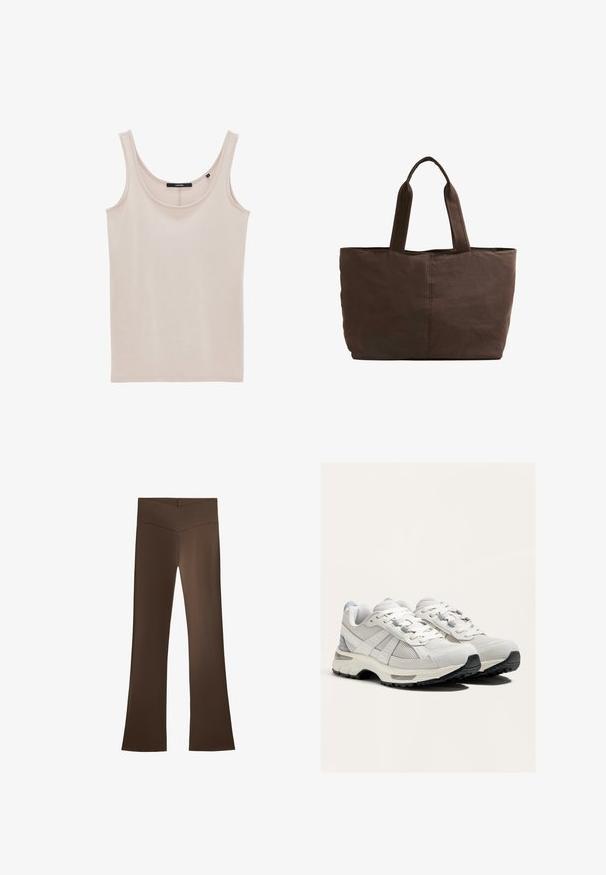 Beige ärmelloses Top aus weicher Baumwolle, mit dünnen Trägern und einem runden Ausschnitt, verfügt über eine glatte Textur und minimale Nähdetails.; Braune Schlaghosen mit hohem Bündchen und einem Kreuzdesign. Hergestellt aus einem glatten, elastischen Material für Komfort und Passform.; Leichte Laufschuhe in Weiß und Grau, mit Mesh- und Wildledermaterialien, Schnürverschluss, gepolsterten Sohlen und einer strukturierten schwarzen Außensohle.; Braune Stofftragetasche mit zwei stabilen Griffen, rechteckiger Form, minimalen Nähten und glatter Textur.