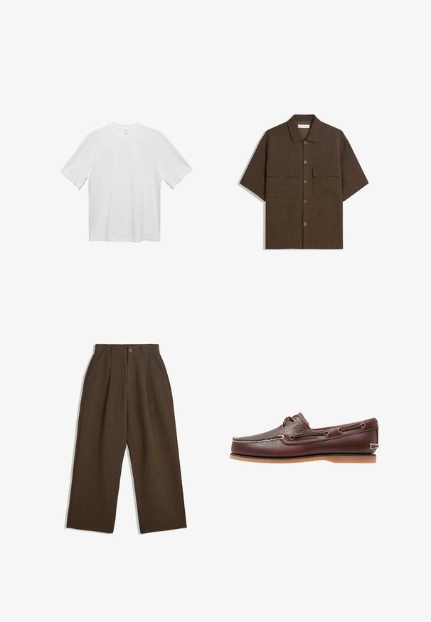 Bílá bavlněná tričko s kulatým výstřihem, krátkými rukávy a volným střihem. Hladká textura, bez vzorů nebo akcentů. Jednoduchý, klasický design.; Krátký rukáv, tmavě hnědá košile z texturované látky. Má zapínání na knoflíky a dvě náprsní kapsy. Ležérní design s uvolněným střihem.; Hnědé skládací kalhoty s širokým střihem, vybavené zapínáním na knoflík a bočními kapsami, vyrobené z texturované tkaniny vhodné pro volnočasové nošení.; Hnědé kožené lodní boty s bílým prošíváním, hnědými tkaničkami a béžovou gumovou podrážkou. Obsahují logo na boku a kovové očka na tkaničky.