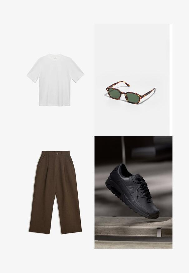 Biała bawełniana koszulka z okrągłym dekoltem, krótkimi rękawami i luźnym krojem. Gładka tekstura, bez wzorów czy akcentów. Prosty, klasyczny design.; Brązowe spódnie z plisami w szerokim kroju, z zapięciem na guziki i bocznymi kieszeniami, wykonane z teksturowanej tkaniny, idealne na codzienne okazje.; Czarne sneakersy Nike Air Max z teksturowaną skórzaną cholewką, gumową podeszwą i wyraźnym systemem sznurowania, prezentujące nowoczesny, elegancki design.; Okulary przeciwsłoneczne w kolorze żółwim z zielonymi soczewkami, o ośmiokątnym kształcie i cienkich, zakrzywionych ramionach. Materiał ma błyszczące wykończenie.