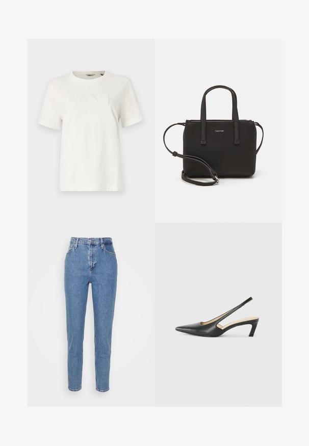 Camiseta blanca de manga corta hecha de algodón, con un logo texturizado "GANT" en un blanco ligeramente más oscuro, con diseño de cuello redondo.; Jeans de tiro alto rectos de color azul con botón frontal y cremallera, trabillas para cinturón y bolsillos, exhibidos sobre un fondo blanco liso.; Zapato negro de punta afilada tipo slingback con un tacón bajo, que presenta un material de cuero suave y un diseño recortado en el lateral para mayor transpirabilidad.; Bolso de mano negro con dos asas cortas y una correa de hombro removible. Material suave tipo cuero con cierre de cremallera y detalle del logo.