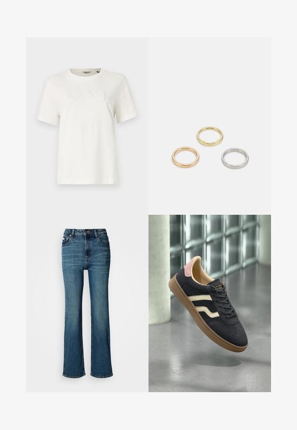 Balta trumpa medvilninė marškinėliai su trumpomis rankovėmis, puošta tekstūruotu šiek tiek tamsesniu baltu "GANT" logotipu, su apvaliomis iškirptėmis.; Aukštai juosmeniu mėlyni džinsai iš denimo, turintys tiesaus kirpimo dizainą, švelnų blukimą ir standartinį mygtuko bei užtrauktuko uždarymą.; Tamsiai mėlyni odiniai sportbačiai su grietinėlės spalvos juostelėmis, rožinėmis detalėmis ant kulno ir tekstūruota tan spalvos guma. Klasikinis žemas dizainas.; Trys metalinės žiedai: vienas rožinės aukso, vienas auksinis su tekstūruotais akcentais ir vienas sidabrinis, visi su įmintu ženklinimu vidinėje juostoje.