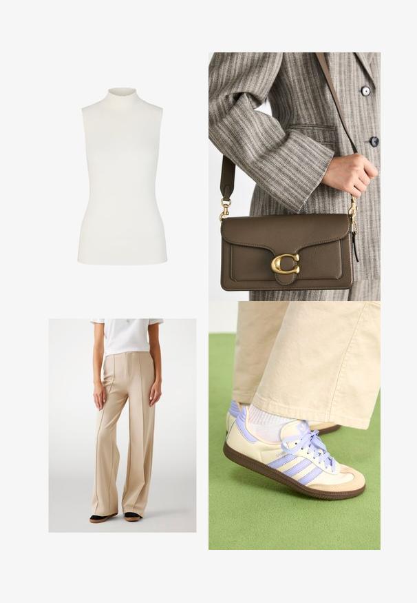 Weißes Rippenshirt ohne Ärmel mit einem gewellten Ausschnitt, das eine enganliegende Silhouette und eine glatte, elastische Textur aufweist.; Beige weite Hosen aus glattem Stoff, mit vorderen Falten und hohem Bund. Kombiniert mit schwarzen und braunen flachen Schuhen.; Cremefarbene und lavendelfarbene Sneakers mit drei Streifen und einer strukturierten braunen Sohle, ausgestattet mit Schnürsenkeln und einer gepolsterten Ferse. Obermaterial aus weichem Stoff.; COACH TABBY SHOULDER BAG 26 - Handtasche - dark stone