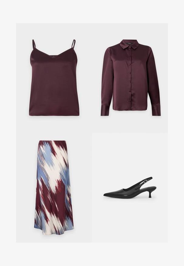 Bordeaux satijnen camisole met dunne verstelbare bandjes en een V-halslijn. Glad textuur, eenvoudig ontwerp, en geen zichtbare patronen of accenten.; Bordeaux satijnen blouse met knopen, voorzien van een klassieke kraag, lange mouwen en een zachte textuur. Heeft een voorpand met bijpassende knopen.; Lange rok met een diagonaal tie-dye patroon in bordeauxrood, blauw en crème, gemaakt van zachte stof met een vloeiende silhouet en een lichte glans.; Zwarte leren slingback schoen met een puntige neus en een slanke, gebogen hak. Voorzien van een discrete verstelbare band met een metalen gesp.