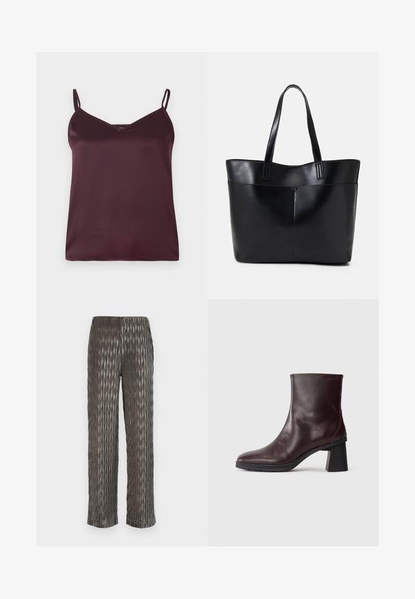 Bordo saténová tielko s tenkými nastaviteľnými ramienkami a výstrihom do V. Hladká textúra, jednoduchý dizajn a žiadne viditeľné vzory alebo akcenty.; Šedé plisované nohavice s širokými nohavicami a textúrovaným, diamantovým vzorom. Mäkký materiál, elastický pás a skrátená dĺžka.; Tmavohnedé kožené členkové topánky s blokovým podpätkom a okrúhlou špičkou, vystavené na jednoduchom svetlošedom pozadí.; Čierna kožená tote taška s dvoma dlhými rúčkami, hladkým povrchom a štruktúrovaným tvarom. Obsahuje prednú kapsu pre dodatočné uskladnenie.