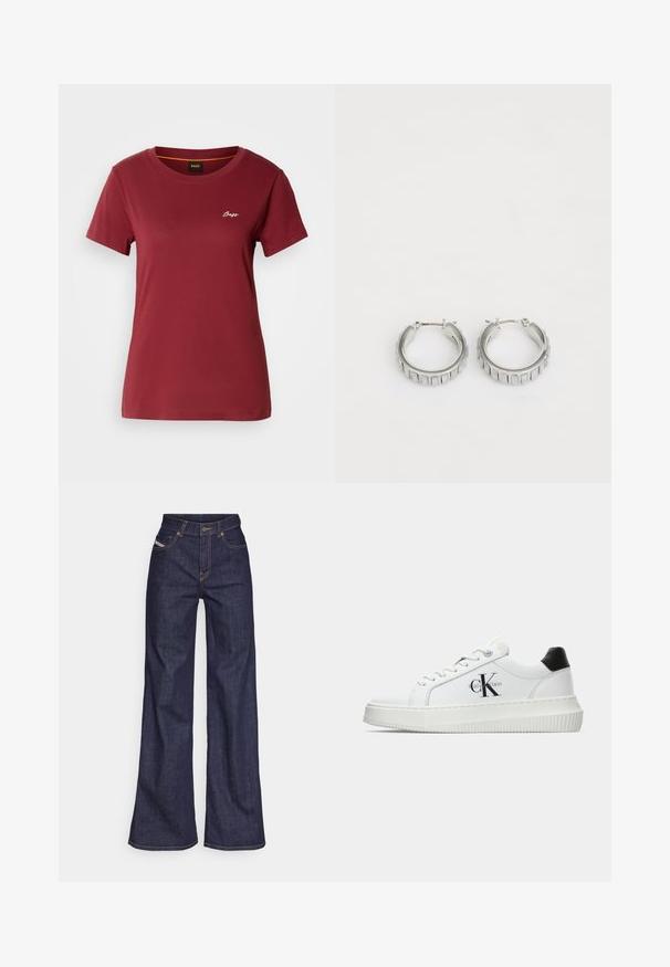 Burgundijas īsām piedurknēm T-krekls, izgatavots no mīksta kokvilnas, ar apaļu kakla izgriezumu un nelielu baltu "Boss" logo uz krūtīm.; Tumši zili platleņķa džinsi no denima auduma ar augstu jostasvietu, ar oranžām šuvēm, piecu kabatu dizainu un pogu aizdari.; Baltā zema topa sporta apavas ar melnu papēža cilni, platformas zoli, auklēm un Calvin Klein "CK" logo sānos.; Sudraba gredzena auskari ar faktūras dizainu, kas ietver vertikālas rievas. Apaļa forma ar drošu aizdari. Gluda apdare.