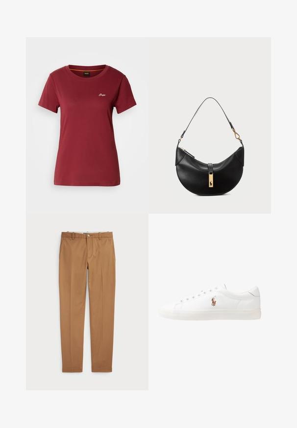 Burgundijas īsām piedurknēm T-krekls, izgatavots no mīksta kokvilnas, ar apaļu kakla izgriezumu un nelielu baltu "Boss" logo uz krūtīm.; Brūni kokvilnas bikses ar šauru piegriezumu, plakanu priekšpusi un standarta kabatām; gluda tekstūra un apšūti manšetes.; Baltas ādas sporta apavi, zema dizaina, ar gludu tekstūru, noapaļotu purngalu, ar auklēm priekšpusē un nelielu izšūtu logotipu sānos.; Melnas ādas rokas soma pusmēness formas. Iezīmē zelta metāla akcentus un šauru siksniņu. Gluda tekstūra, rāvējslēdzēja aizdare augšpusē.