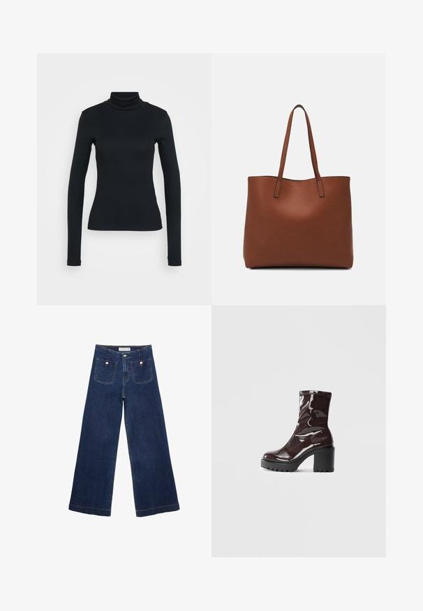 Schwarzer, langärmeliger, gerippter Rollkragenpullover mit figurbetonter Silhouette auf einem einfarbigen hellen Hintergrund.; Dunkelblaue weite Jeans aus Denim, mit zwei vorderen Taschen und dekorativen Knöpfen, sowie einem geraden Saum.; Glatte bordeauxrote Ankle Boots mit einem klobigen schwarzen Absatz, die eine glatte Oberfläche und ein einfaches Design aufweisen. Keine sichtbaren Verschlüsse oder Muster.; Braune Leder-Tote mit glatter Textur, offenem Oberteil und zwei Schulterriemen. Verfügt über minimale Nähte und keine sichtbaren Beschläge.