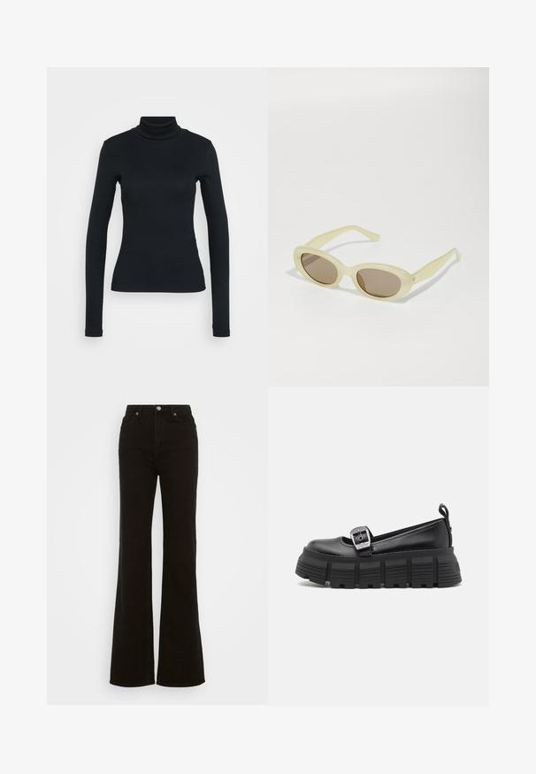 Musta pitkähihaisen ribbitekstuurin turtleneck-paita, jossa on istuva leikkaus, vaalean yksinkertaisen taustan päällä.; Korkeavyötäröiset mustat leveälahkeiset farkut, jotka on valmistettu denimistä. Farkuissa on nappikiinnitys, sivutaskut ja sileä pinta.; Musta korokepohjainen loaferit pyöristetyllä kärjellä, sileä nahkapinta, säädettävä solki ja karkea kumipohja, jossa on vaakasuorat urat.; Kellonmuotoiset aurinkolasit, joissa on läpinäkyvä vaaleankeltainen kehys ja ruskeat linssit. Ominaisuuksiin kuuluu sileä pinta ja hienovaraiset metalliosat sivuilla.