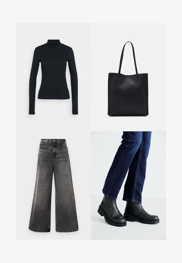 Must värvi pikkade varrukatega ribadega kõrge kaelusega sviiter, millel on figuuri järgiv siluett, lihtsal heledal taustal.; Laiad mustad denim teksad, millel on pleekinud pesu, viie-tasku disain ja nööp sulgemine vööl, lisaks õmblusaktsendid.; Mustad mustad nahast sääre kõrgused saabastega, millel on paks tald ja küljel elastsed paneelid, kombineeritud tumedate siniste teksadega. Maapind on heledat värvi.; Mustast nahast kott sujuva tekstuuriga, ristkülikukujuline ja kahe pika sangaga. Pole nähtavat riistvara ega kaunistusi.