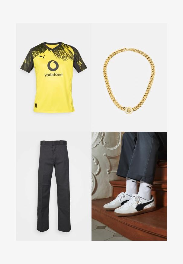 Gul fotbollströja med svarta accenter. Har en v-ringning, stiliserad design vid axlarna, Vodafone-logotyp och Borussia Dortmund-märket.; Svarta byxor av slitstark tyg med rak bendesign, midja med bälteshål och sömmar för extra struktur.; Puma-sneakers i vit och svart mocka, med en brun gummisula. Kombinerade med vita strumpor som visar upp en svart logotyp, bärs tillsammans med mörka byxor.; Guldhalsband med stora sammanlänkade kedjor, med en cirkulär hängare i mitten som har en upphöjd emblem.