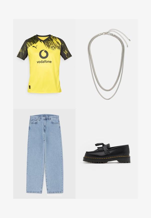 Żółta koszulka piłkarska z czarnymi akcentami. Posiada dekolt w serek, stylizowany wzór na ramionach, logo Vodafone oraz herb Borussii Dortmund.; Jasnoniebieskie dżinsy o prostym kroju nogawki, z średnim stanem, pięcioma kieszeniami oraz zapięciem na guzik i zamek błyskawiczny.; Czarny skórzany mokasyn z frędzelkowymi akcentami, z masywną czarną podeszwą i żółtym przeszyciem wzdłuż krawędzi. Teksturowane wykończenie.; Trójwarstwowy naszyjnik ze srebrnego metalu z eleganckimi, elastycznymi łańcuszkami o delikatnym połysku, zapinany na karabińczyk i regulowany.