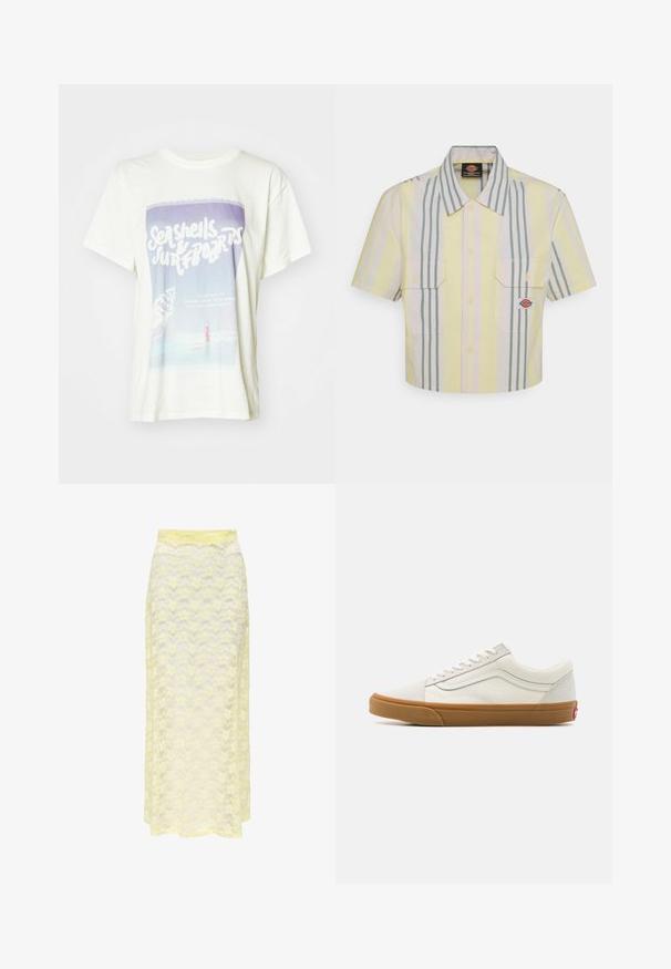 Tricou alb din bumbac, cu un imprimeu grafic ce reprezintă scoici și un surfer. Designul include culori moi, cu un text retro și o scenă de plajă.; Cămașă scurtă, cu mânecă scurtă, în galben deschis, cu dungi verticale verzi și pastel. Dispune de două buzunare pe piept și un patch cu logo pe buzunarul din stânga.; Fustă maxi galbenă din dantelă cu un model ondulat, având un tiv neted și o textură moale, transparentă. Proiectată pentru o siluetă fluidă.; Adidași cu talpă din cauciuc caramel, de culoare albă, cu vârf rotund, închidere cu șireturi și detalii din piele pe lateral.