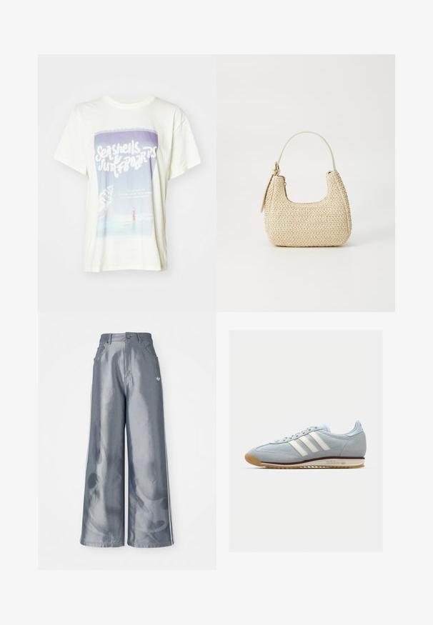 Hvit bomulls t-skjorte med grafisk trykk av skjell og en surfer. Designet inkluderer myke farger med retro tekst og en strandscene.; Vide benbukser i skinnende grå materiale, med hvide sidestriber og et flammemønster på de nederste ben. Knap- og lynlåslukning i taljen.; Lys blå semsket sneakers med hvite tre striper, gummisåle og teksturert mesh. Har en jevn tåhette og merkevare på hælen.; Vevd stråveske i beige med buet form, kort håndtak og glidelås på siden. Har teksturert overflate og minimalistisk design.