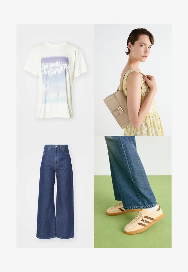 Biela bavlnená tričko s grafickou potlačou mušlí a surfistu. Dizajn obsahuje jemné farby s retro textom a plážovou scenériou.; Džínsy so širokými nohavicami vyrobené z tmavomodrého denimu. Vysoký pás so zapínaním na zips a gombík. Obsahuje klasický štýl s piatimi vreckami a obšité okraje.; Béžové tenisky s textúrovanými krémovými panelmi a hnedými pruhmi, skombinované s modrými džínsami. Džínsy majú široké nohavice a roztrhnutý lem.; Bežová kožená kabelka so štruktúrovaným dizajnom, zlatým prackovým akcentom a nastaviteľným popruhom, zobrazená na svetlom pozadí.