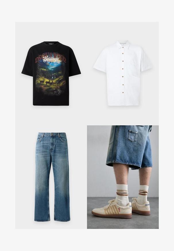 Schwarzes T-Shirt mit kurzen Ärmeln, das ein farbenfrohes Landschaftsdesign mit Rehen, Bergen und den Worten "DSQUARED2 Heritage" in fetter Schrift zeigt.; Weißes Kurzarmhemd aus Leinen mit Knopfleiste, einer Brusttasche und Holzknöpfen als Akzenten.; Helle blaue, weit geschnittene Jeans mit einer verblassten Waschung, ausgestattet mit einem Ein-Knopf-Verschluss, fünf Taschen und kontrastierenden Nähten.; Beige Retro-Sneaker mit braunem Gummisohle, mit gestreiften Akzenten und gestickten Logos. Getragen mit weißen Socken, gestreiftem braunen Detail.
