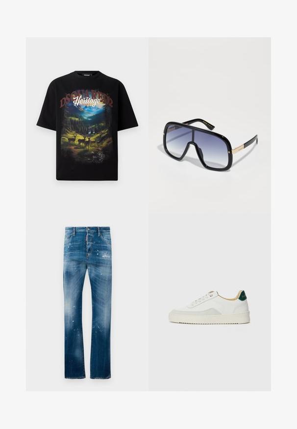 Black short-sleeved t-shirt featuring a colorful landscape graphic with deer, mountains, and the words "DSQUARED2 Heritage" in bold lettering.; Faded blue denim jeans with a straight-leg cut, featuring distressed spots and light paint splatter details. Classic five-pocket design.; White sneaker with suede accents, rounded toe, flat laces, and a cream rubber sole. Features green branding on the heel.; Oversized black sunglasses with a gradient purple lens, glossy finish, and gold accents on the temple. Rectangular frame shape.